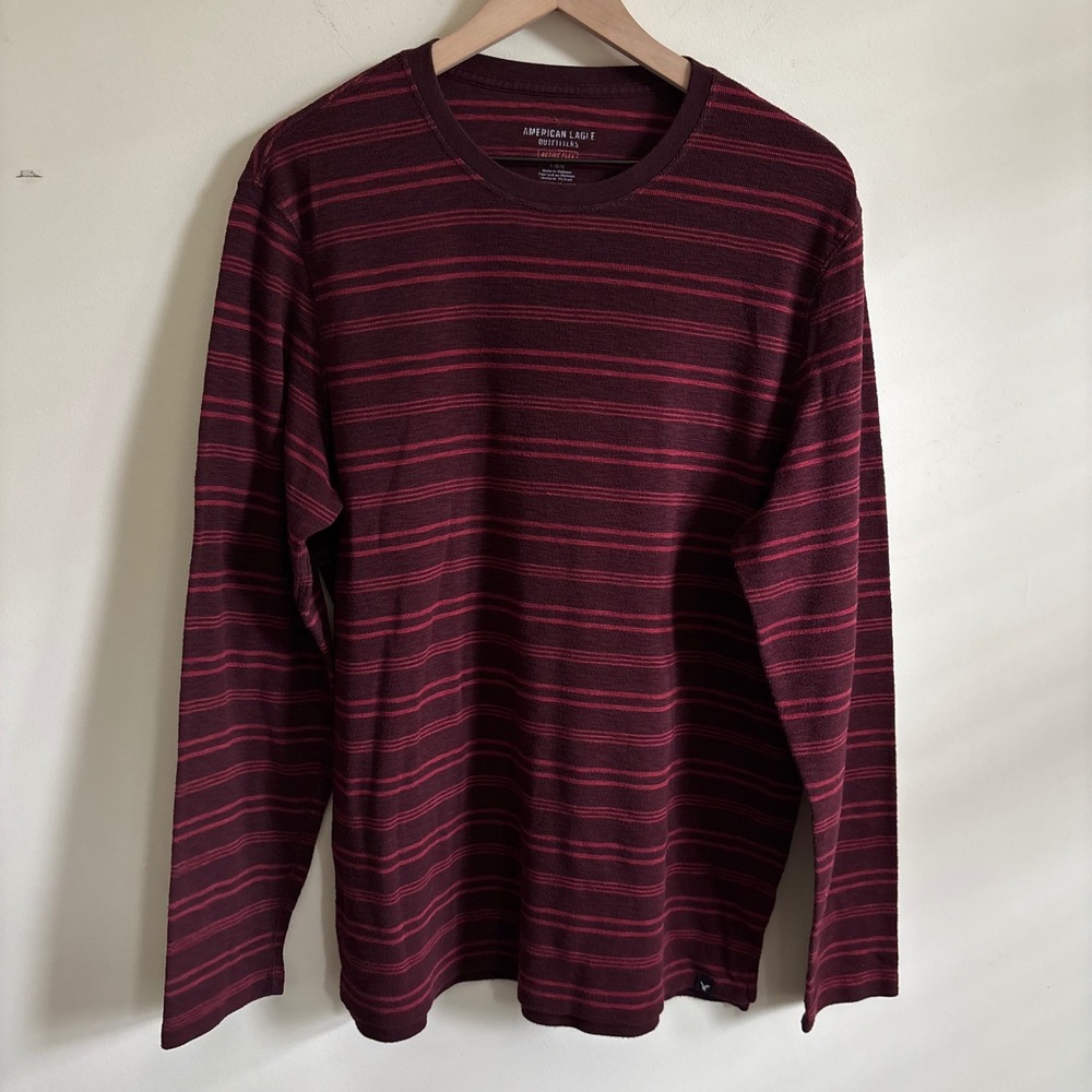 American Eagle Mens Large Active Flex Waffle Knit Thermal Striped Burgundy Shirt